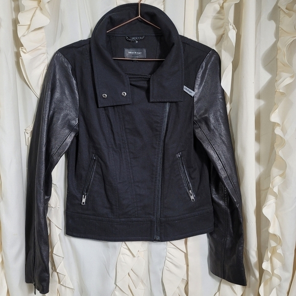 Mackage Andra Moto Jacket in Black Denim with Lamb Leather Sleeves Small - Picture 3 of 12